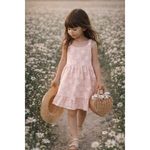 Gathering Daisies Blush Pink Floral Gauzy Muslin Dress 6/7